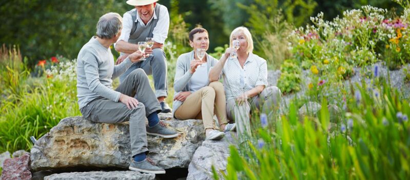 Senioren sitzen im Sommer im Garten